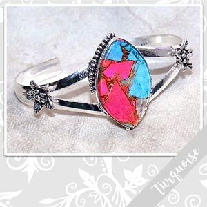 Turquoise Southwest Style Silver Artisan Bangle Cuff Bracelet, Adj (Pink, Blue)